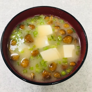 豆腐となめこと小かぶの葉の味噌汁